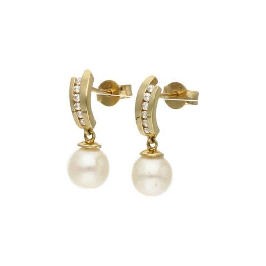 Złote kolczyki z wiszącymi białymi perłami 585 14k Rosanto