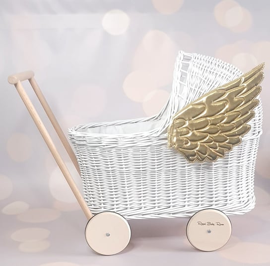 Złote Skrzydła Wiklinowy Biały Wózek Dla Lalek, Pchacz + Pościel  / Royal Baby Room Royal Baby Room