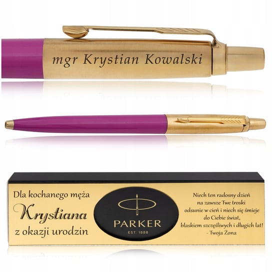 ZŁOTY DŁUGOPIS PARKER JOTTER MAGENTA 24 KARATY + PUDEŁKO Z DEDYKACJĄ GRAWER Parker