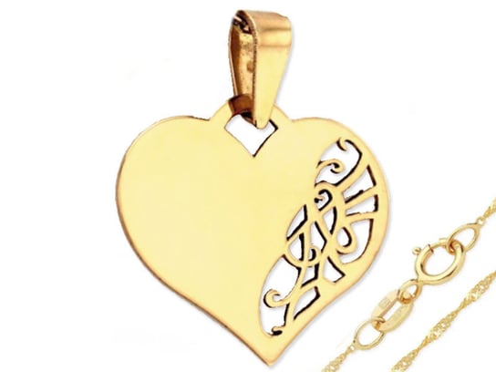 Złoty komplet biżuterii 585 gładkie serce z ażurem wzór origami Lovrin