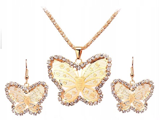 Złoty Komplet Biżuterii Ażurowe Motyle Cyrkonie Lovrin