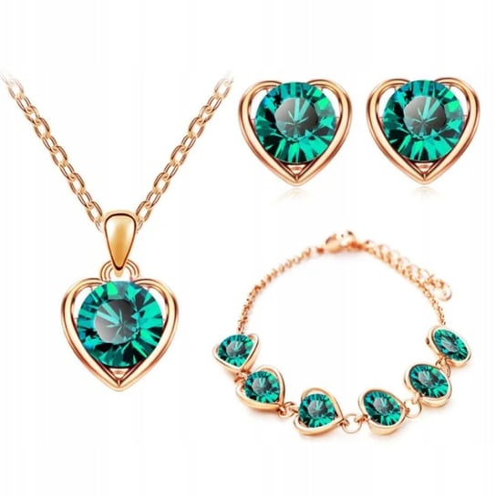 Złoty Komplet Biżuterii Szmaragdowe Serce Zielone Cyrkonie Serduszka Lovrin