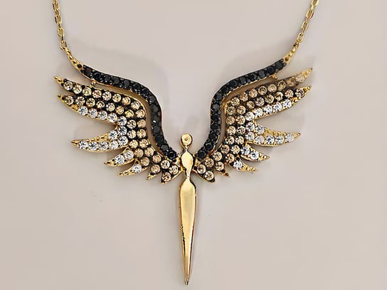 Złoty naszyjnik 585 anioł ze skrzydłami czarne cyrkonie Lovrin