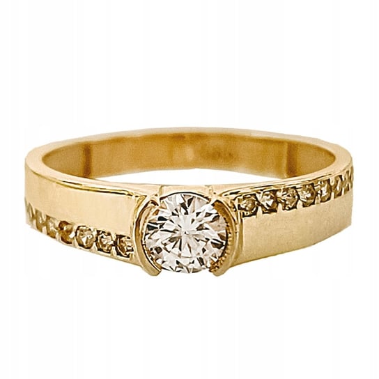 Złoty pierścionek 585 nowoczesny szeroki z białą cyrkonią na prezent Lovrin