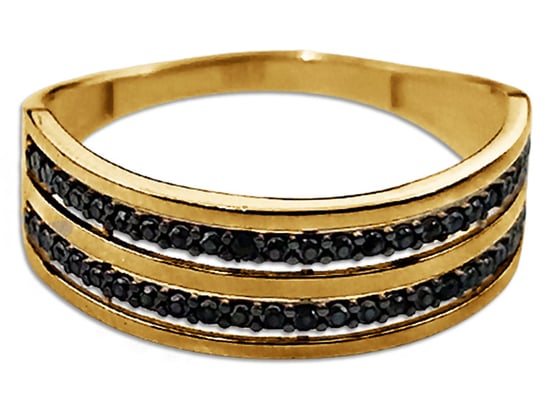 Złoty pierścionek 585 szeroki z czarnymi cyrkoniami Lovrin