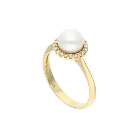 Złoty pierścionek z białą perłą i cyrkoniami 585 14k Rosanto