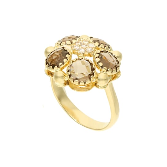 Złoty pierścionek z kwarcem dymnym i cyrkoniami 585 14k Rosanto