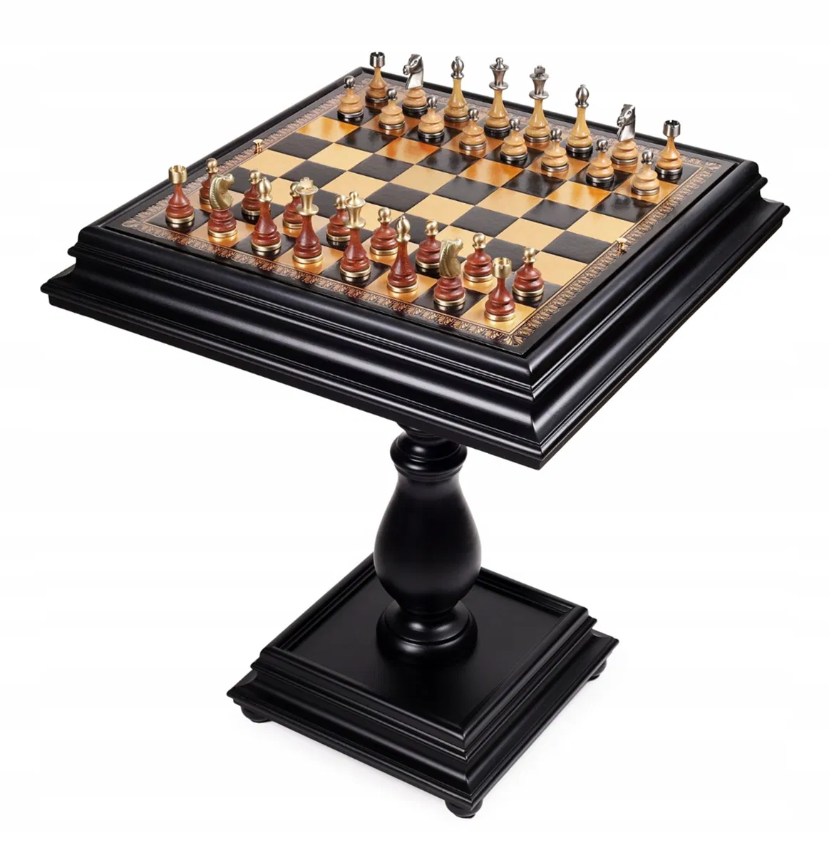 Italian Chess Table + Italian Chess Pieces Brass/Beech Wood Staunton, figury szachowe, Italfama