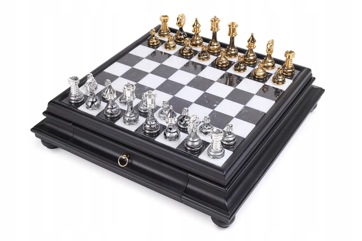 Italian Chess Brass/Wood Gold/Silver+Chess Board Marble/Wood Black 46Drawer, szachownica, Italfama