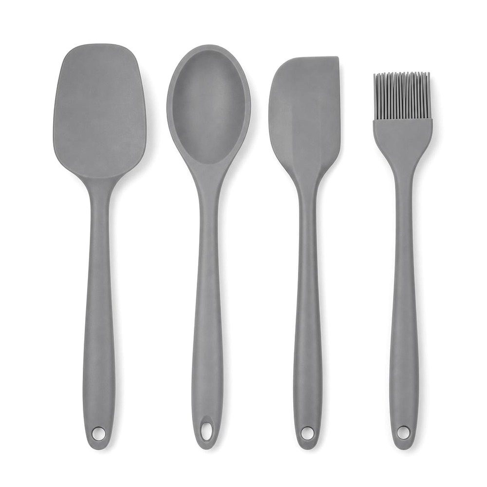 Akcesoria kuchenne, przybory kuchenne silikonowe zestaw 4 szt.: łopatka 27 cm, łyżka 27 cm, szpatułka 27 cm, pędzelek 26,5 cm, szare