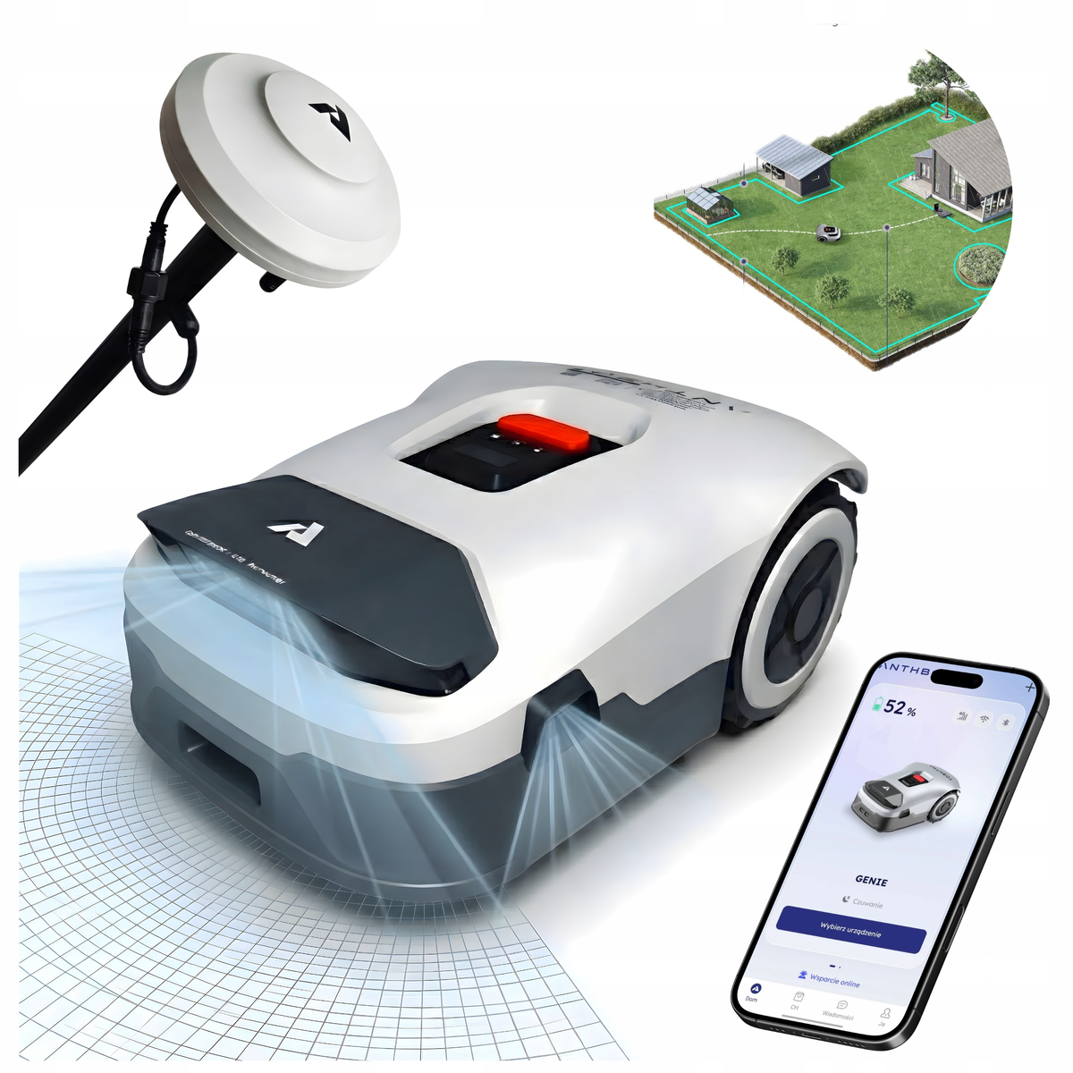 ANTHBOT ROBOT KOSZĄCY GPS AI 4 KAMERY RTK 1500m2 BEZ KABLA 4Ah GENIE ...