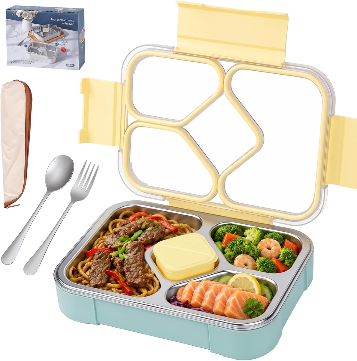 Bento Box stalowy pojemnik na kanapki 1020 ml żółto-niebieski 4 komory