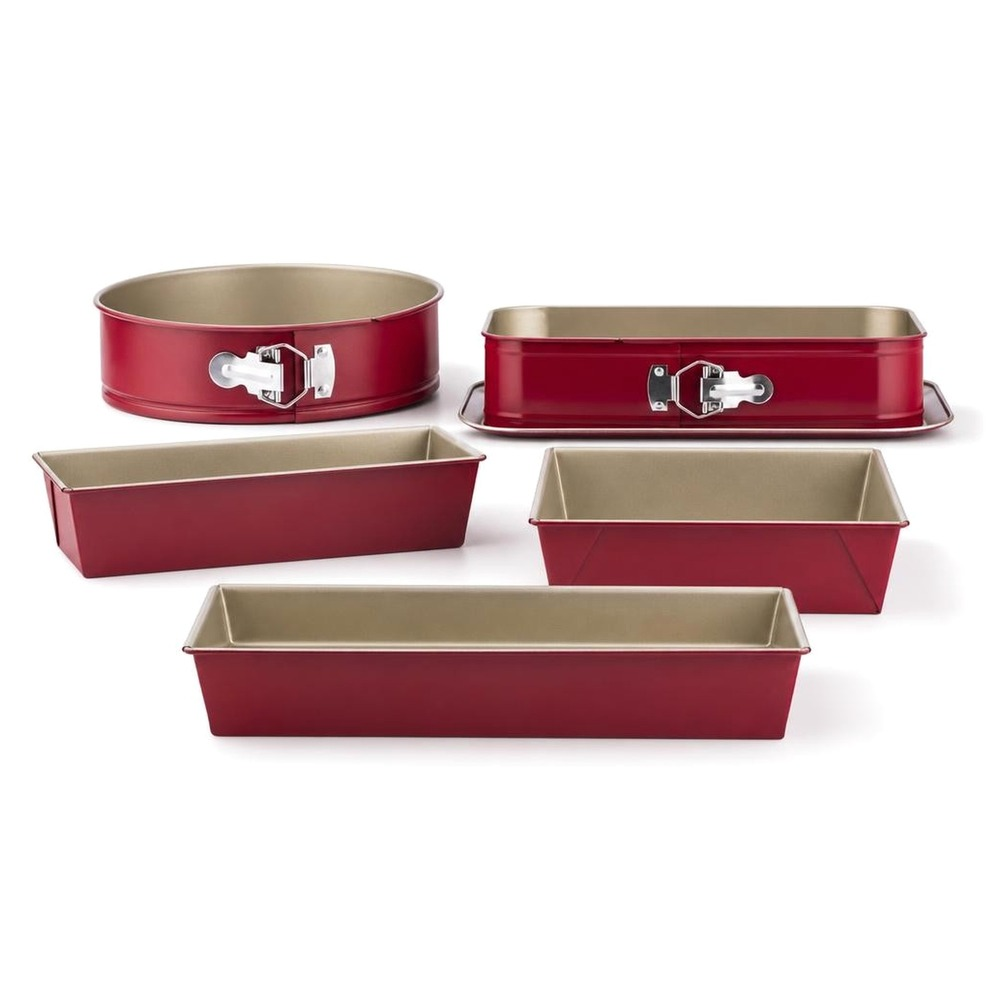 Blachy do pieczenia zestaw 5 szt., formy do ciasta: 2 tortownice, keksówka, forma kwadratowa i blacha prostokątna, Merlot