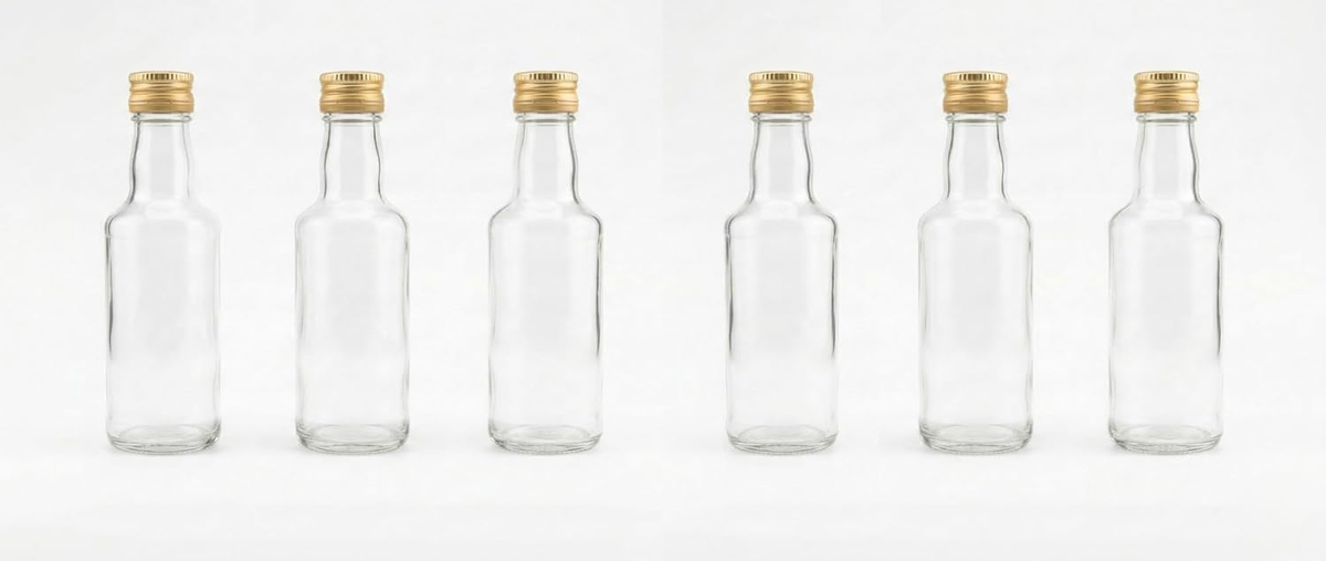 BUTELKI SZKLANE 200ML 6 SZTUK OKRĄGŁE ZAKRĘTKI ZŁOTE WIELORAZOWE
