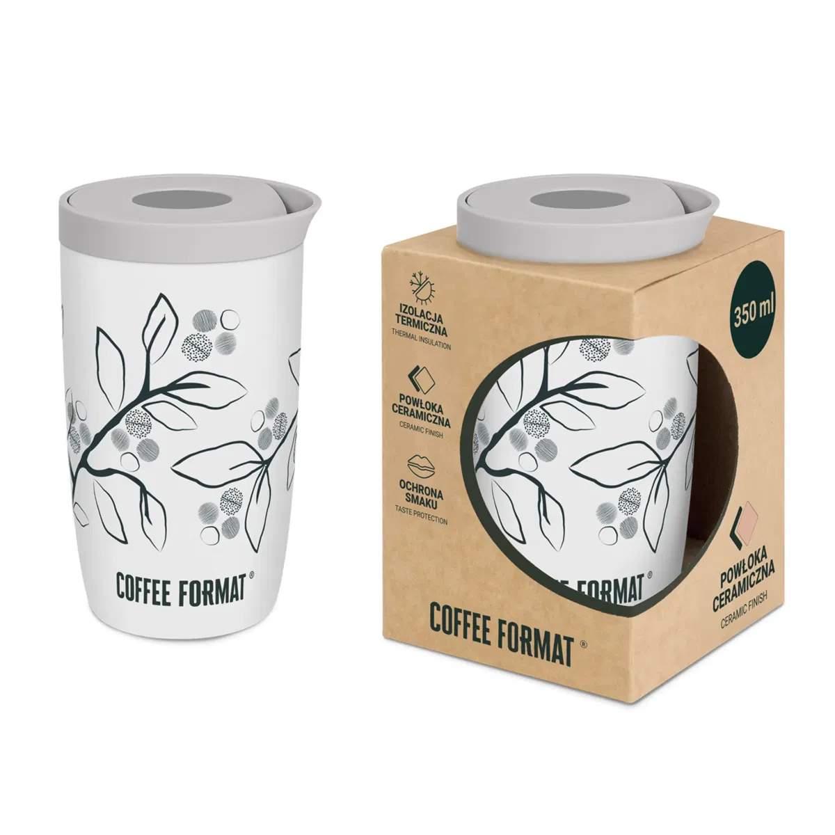 Coffee Format Biały kubek termiczny z motywem roślin 350 ml