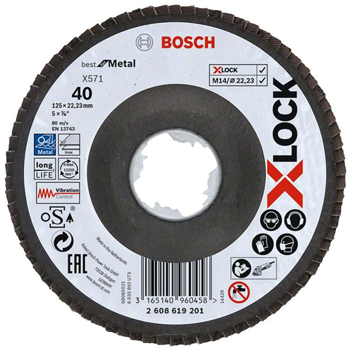 Bosch 1x Tarcza listkowa PRO Metal X571, wersja kątowa do mechanizmu X-Lock (do Stal, Stal nierdzewna, Ø 125 mm, Ziarnistość 60, Professional Akcesoria Mała szlifierka kątowa)