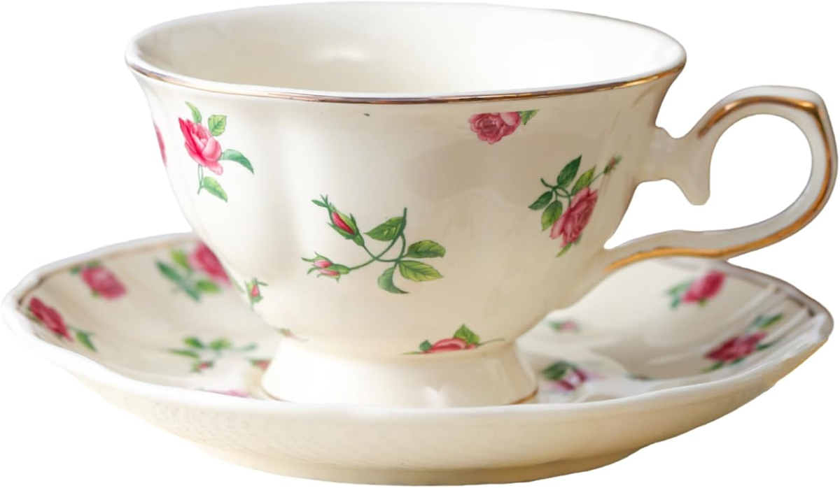 FILIŻANKA ZE SPODKIEM PORCELANOWA 180 ML WZÓR RÓŻY VINTAGE