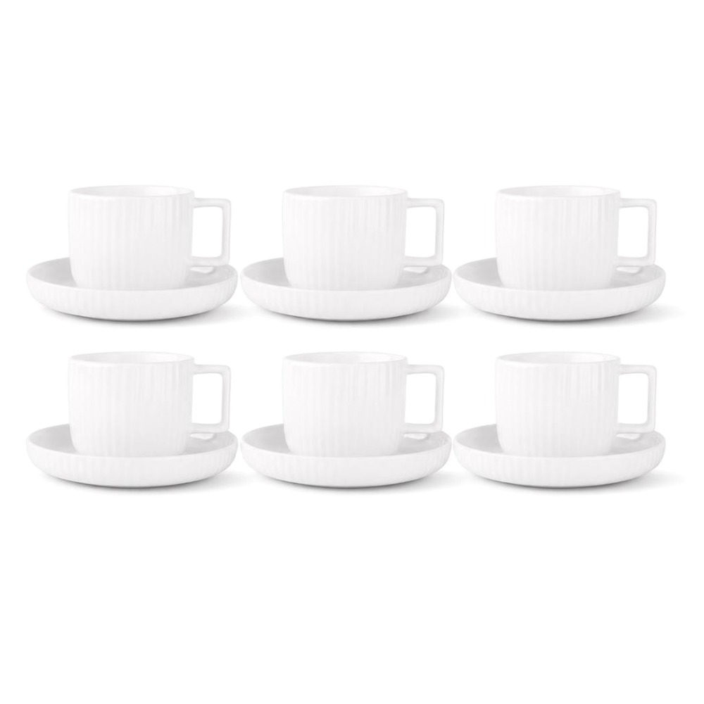 Filiżanki do kawy ze spodkami 6 szt., zestaw filiżanek do herbaty i cappuccino, porcelanowe 250 ml, spodek 15,5 cm, kremowa biel, Crema