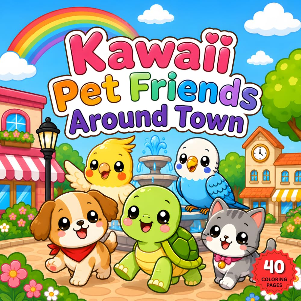 Kawaii Pet Friends Around Town: Cute Animal Coloring Book with Fun City ...