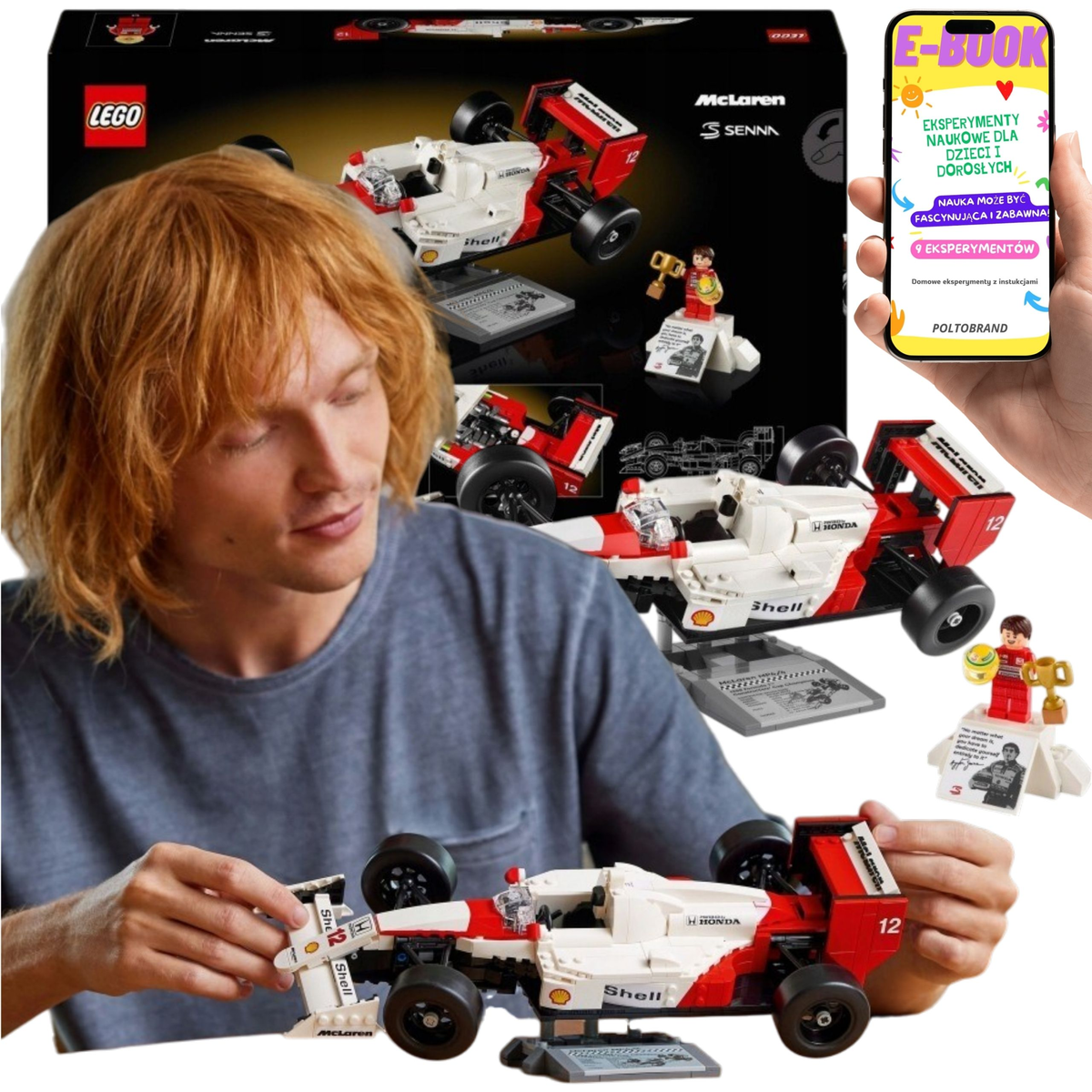 KLOCKI LEGO AUTO McLaren MP4/4 i Ayrton Senna • 693 el. (10330) wysokość 17 cm + E-BOOK