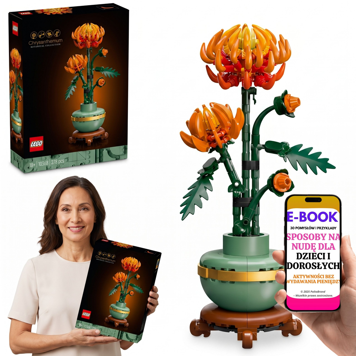 KLOCKI LEGO Chryzantema z Doniczką PREZENT LEGO NA KAŻDĄ OKAZJĘ Kwiat 26 cm 10368 + E-BOOK-3