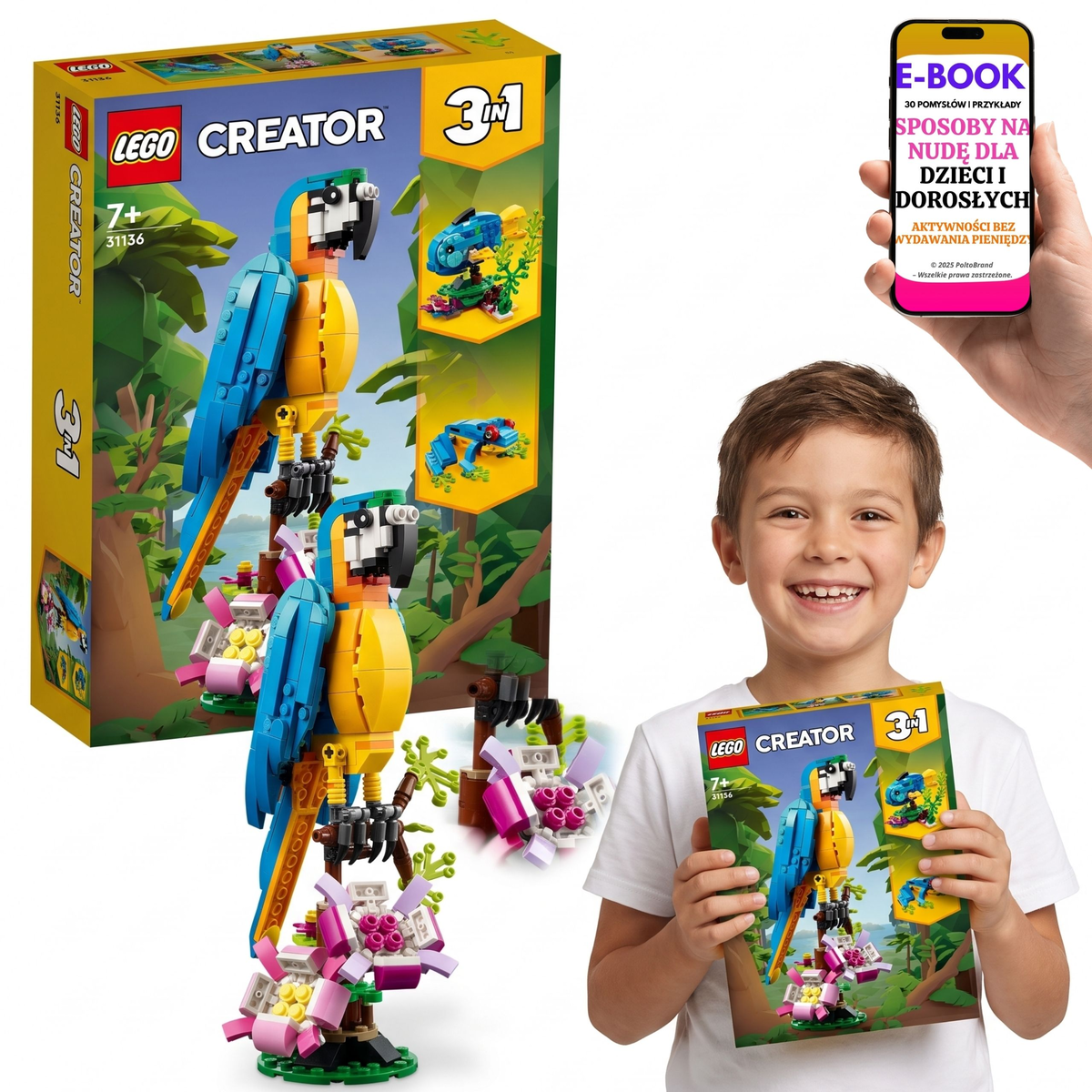 KLOCKI LEGO Egzotyczna Papuga 3 W 1 Ruchome Skrzydła i Ogon 253 Elementy 31136 + E-BOOK-3