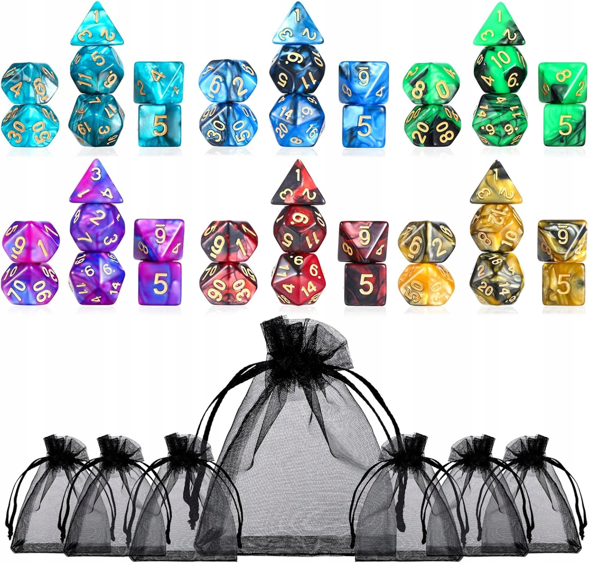KOSTKI KOŚCI WIELOŚCIENNE DO GRY Dungeons and Dragons BŁYSZCZĄCE ZESTAW x42