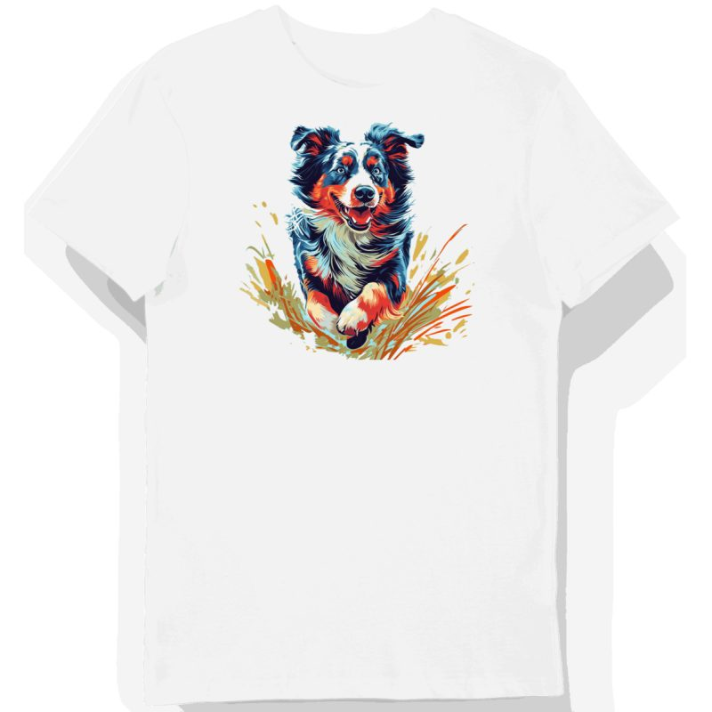 Koszulka męska biała z nadrukiem biegający Australian Shepherd merle w ...