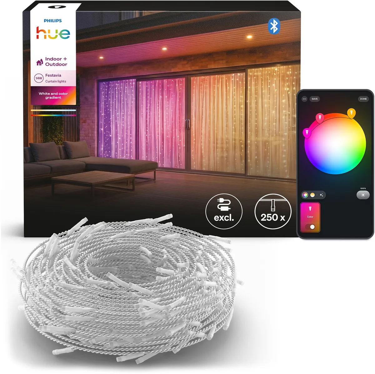 Kurtyna Świetlna 1,35 × 2 m Lampki Choinkowe LED PHILIPS HUE Festivia Curtain, 250LED, IP54, White and Color, Gradient, RGBIC, Wielokolorowy, Inteli..