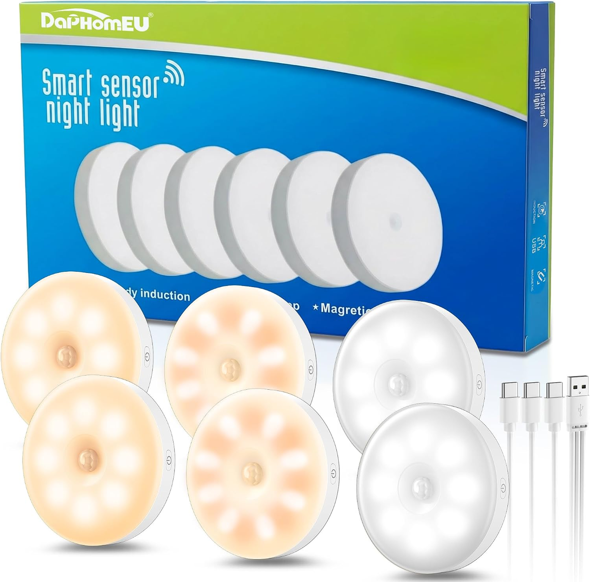 LAMPKA NOCNA 6 SZTUK LED CZUJNIK RUCHU USB ŁADOWALNA BEZPRZEWODOWA MOCNA