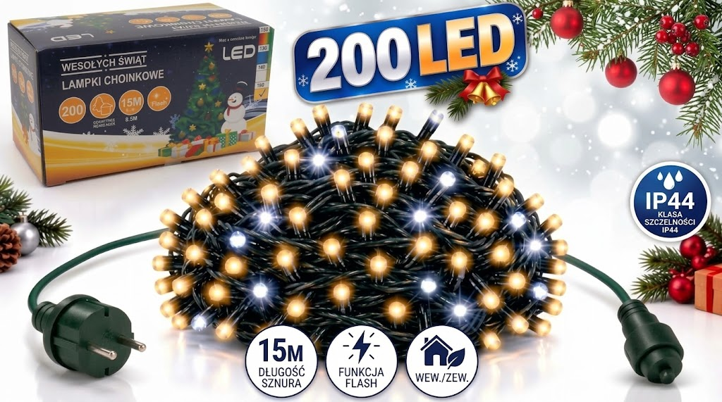 LAMPKI CHOINKOWE 200LED 15M ZEWNĘTRZNE GRUBY KABEL CIEPŁY BIAŁY+ZIMNY FLASH