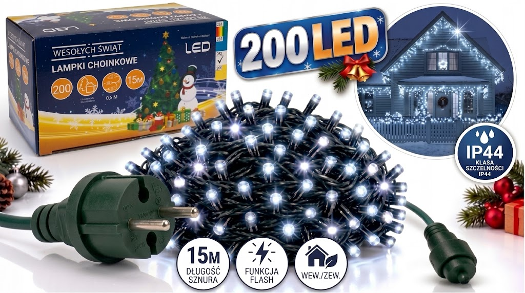 LAMPKI CHOINKOWE 200LED 15M ZEWNĘTRZNE GRUBY KABEL ZIMNY BIAŁY+ FLASH