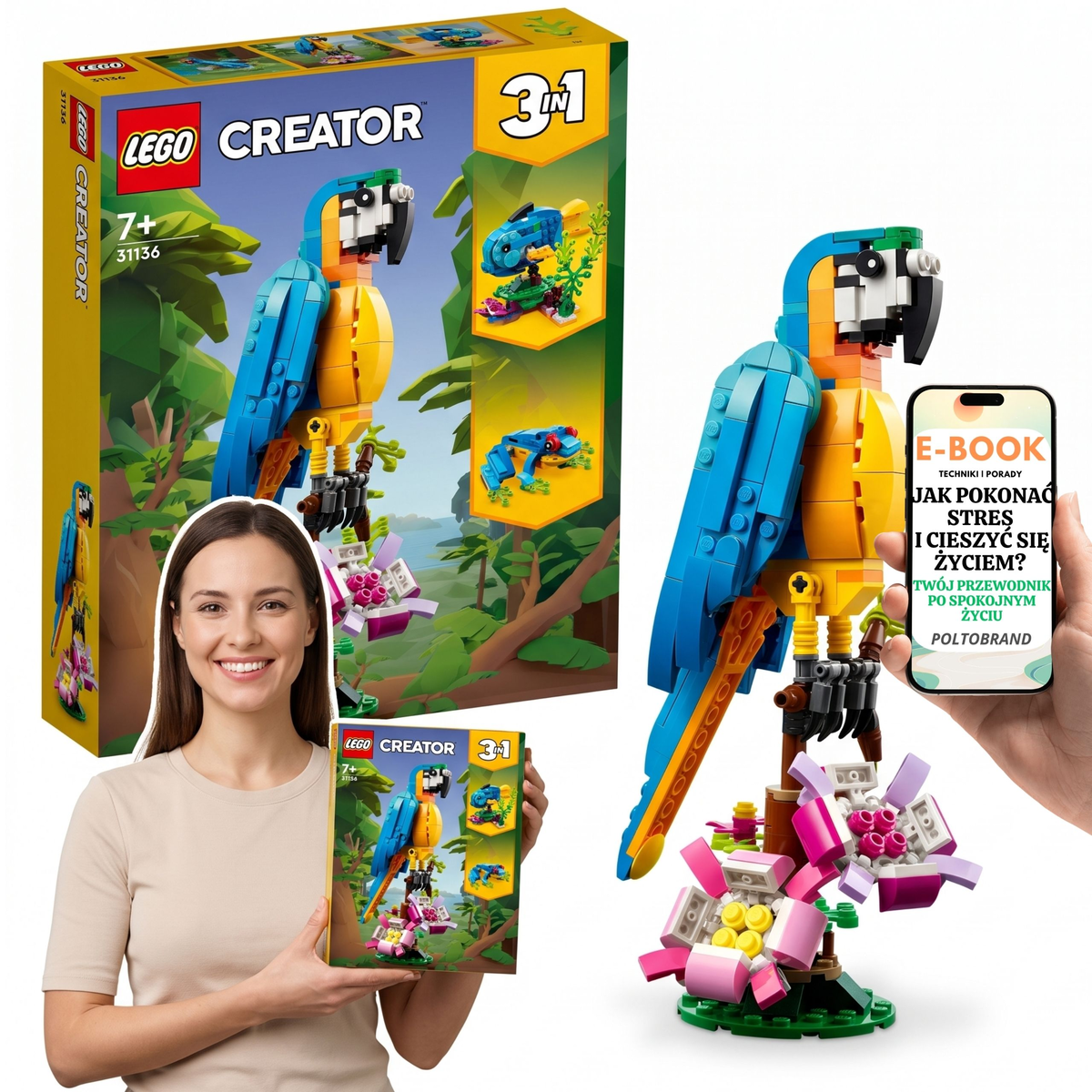 LEGO Creator PREZENT DLA DZIECKA Papuga 3 Modele Zwierząt w 1 Pudełku 31136 + E-BOOK-1