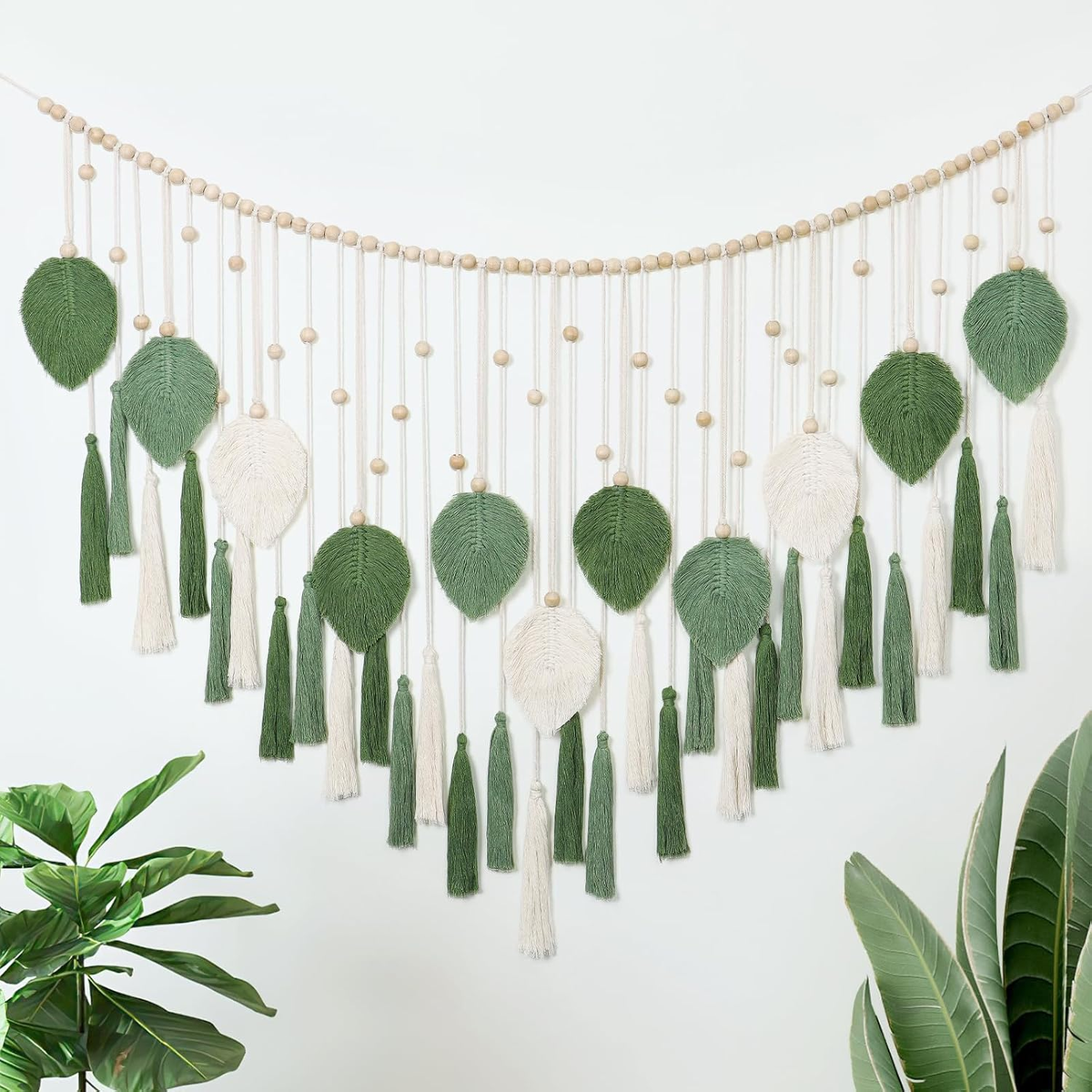 MAKRAMA DUŻA 130X80CM GOBELIN ŚCIENNY BOHO LIŚCIE FRĘDZLE BAWEŁNA ZAWIESZKA