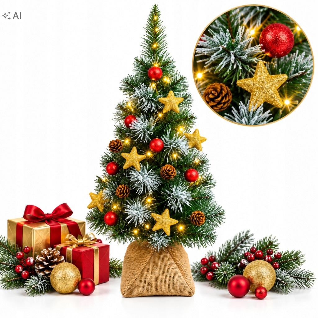 MAŁA SZTUCZNA CHOINKA STOJĄCA SZYSZKI BOMBKI 55cm LAMPKI LED NA ŚWIĘTA ...