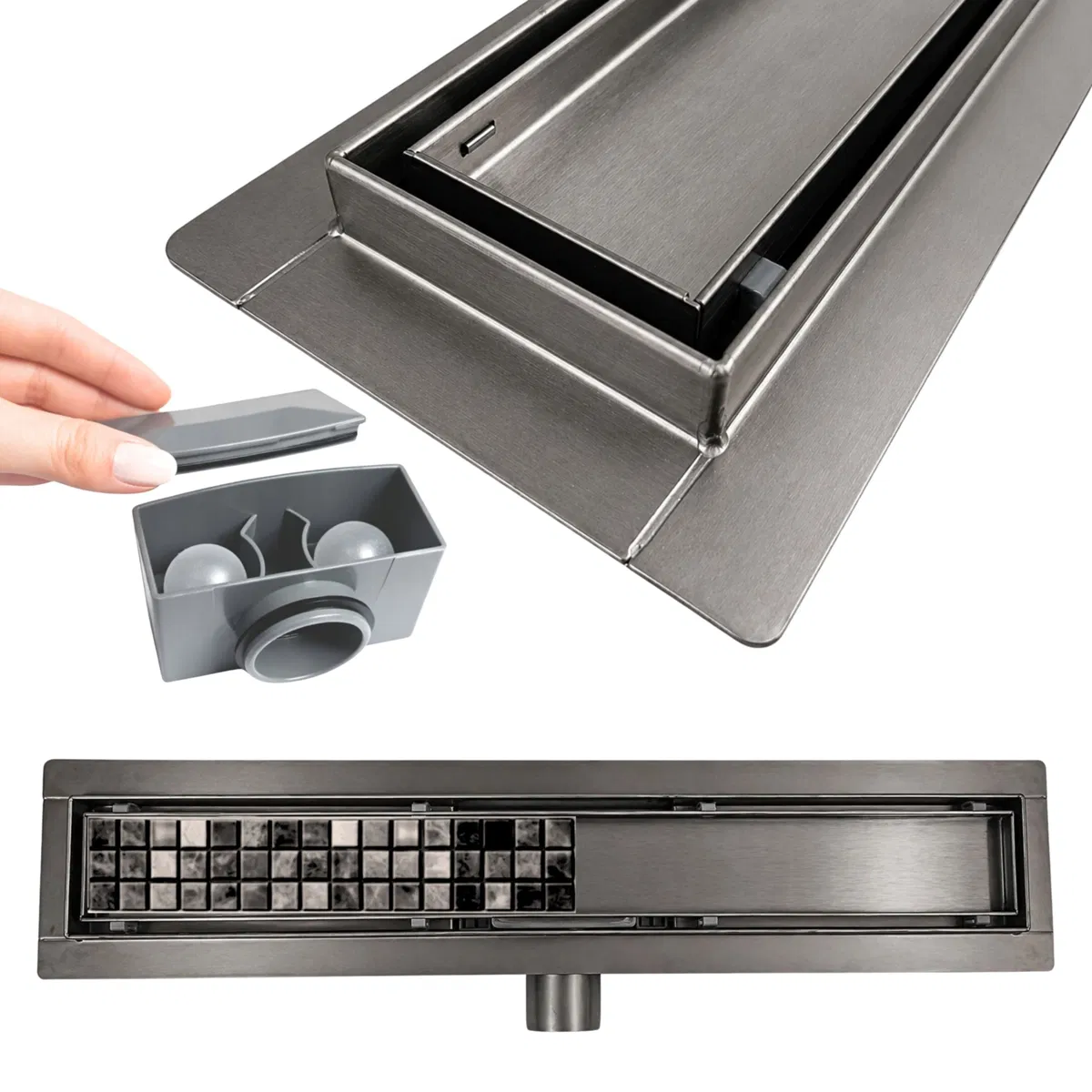 Estiva Odpływ liniowy podłogowy Just Line 80 cm 2w1 gun grey stal nierdzewna syfon suchy mokry
