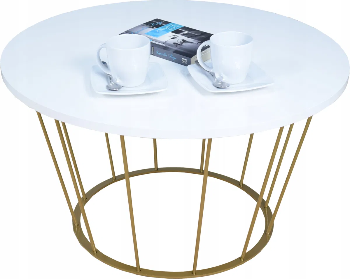 FutuStal Okrągły Stoliczek Kawowy Z Drutu Loft 75x75x43 Złoty+Blat Biały Połysk