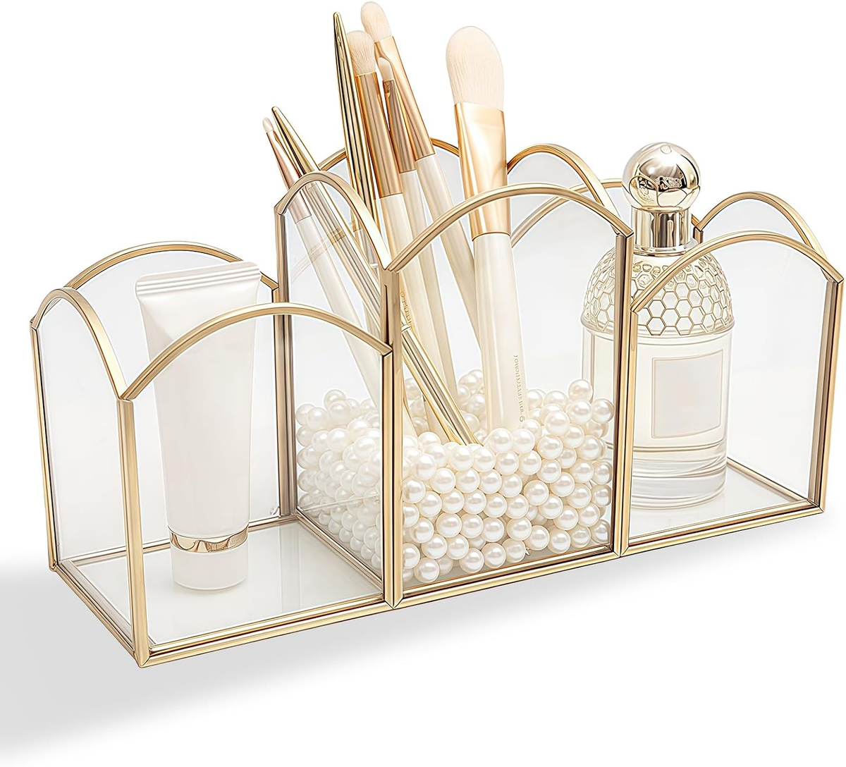 ORGANIZER 24X8X12.5 CM POJEMNIK NA PĘDZLE SZKŁO METAL ZŁOTY MAKIJAŻ