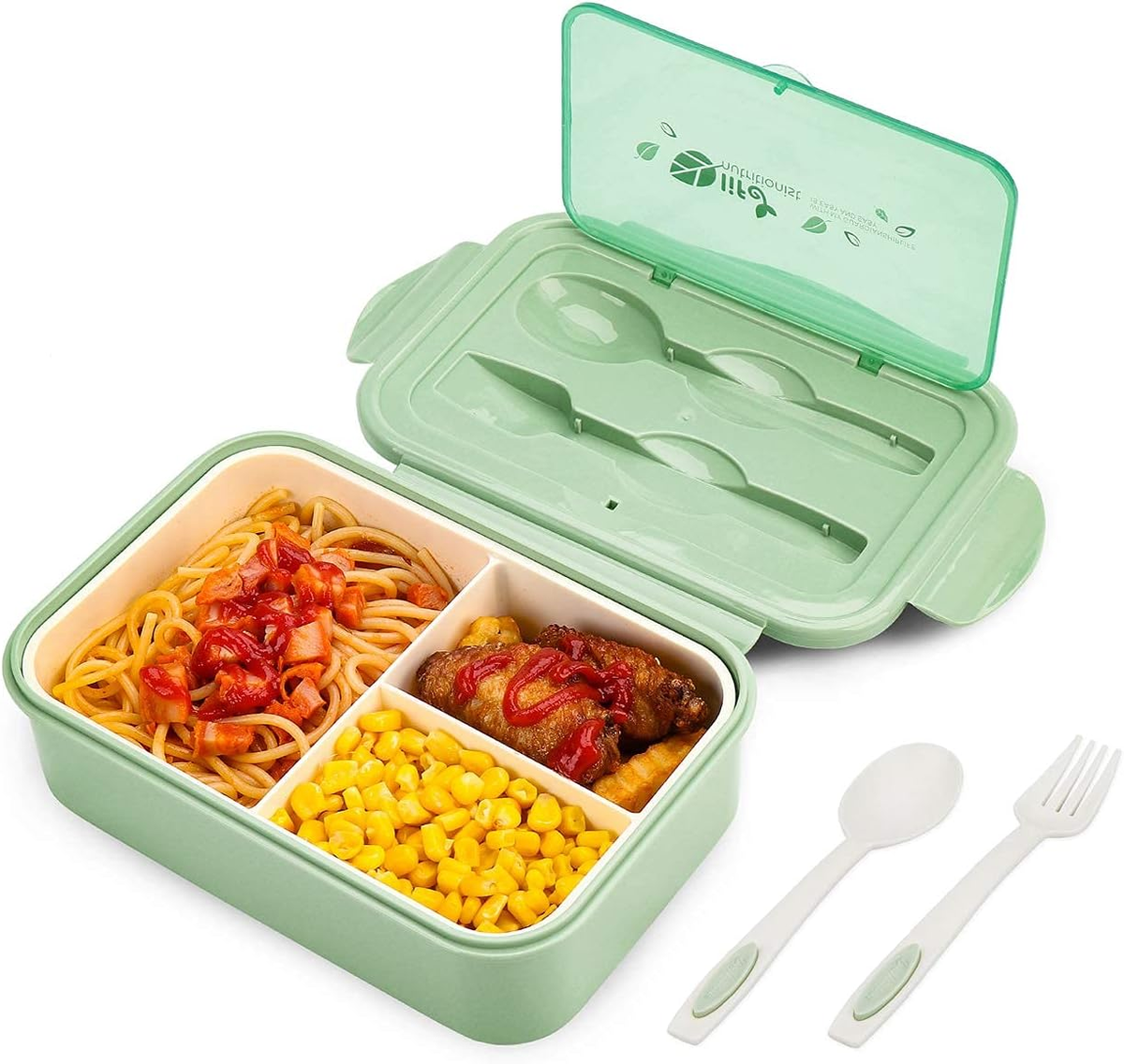 POJEMNIK LUNCH BOX TRZY PRZEGRÓDKI SZTUĆCE SZCZELNY ZIELONY