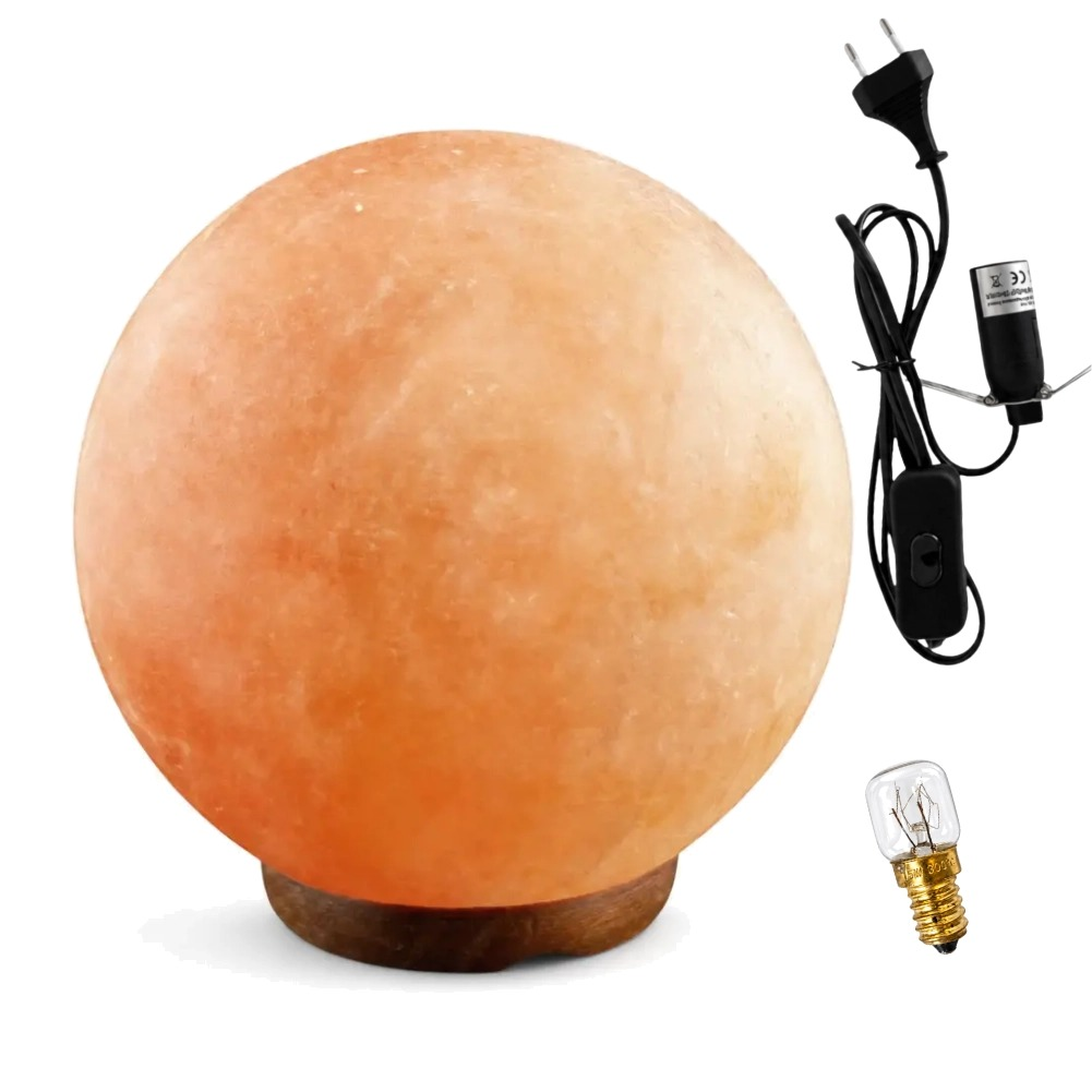 Rzeźbiona lampa solna Kula 5-6 kg (kuliste oświetlenie do sypialni) - Czarny przewód, bez regulacji światła