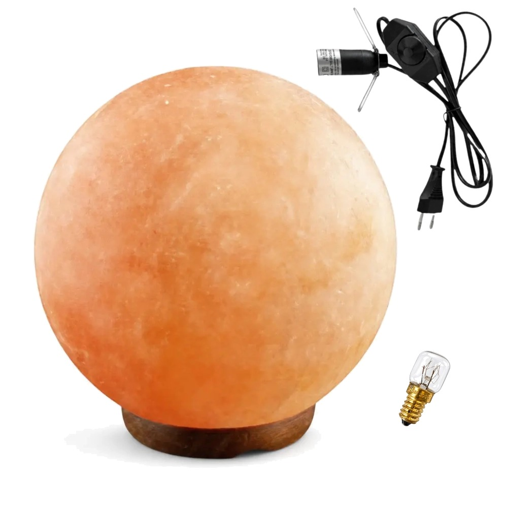 Rzeźbiona lampa solna Kula 5-6 kg (kuliste oświetlenie do sypialni) - Czarny przewód, z regulacją natężenia światła