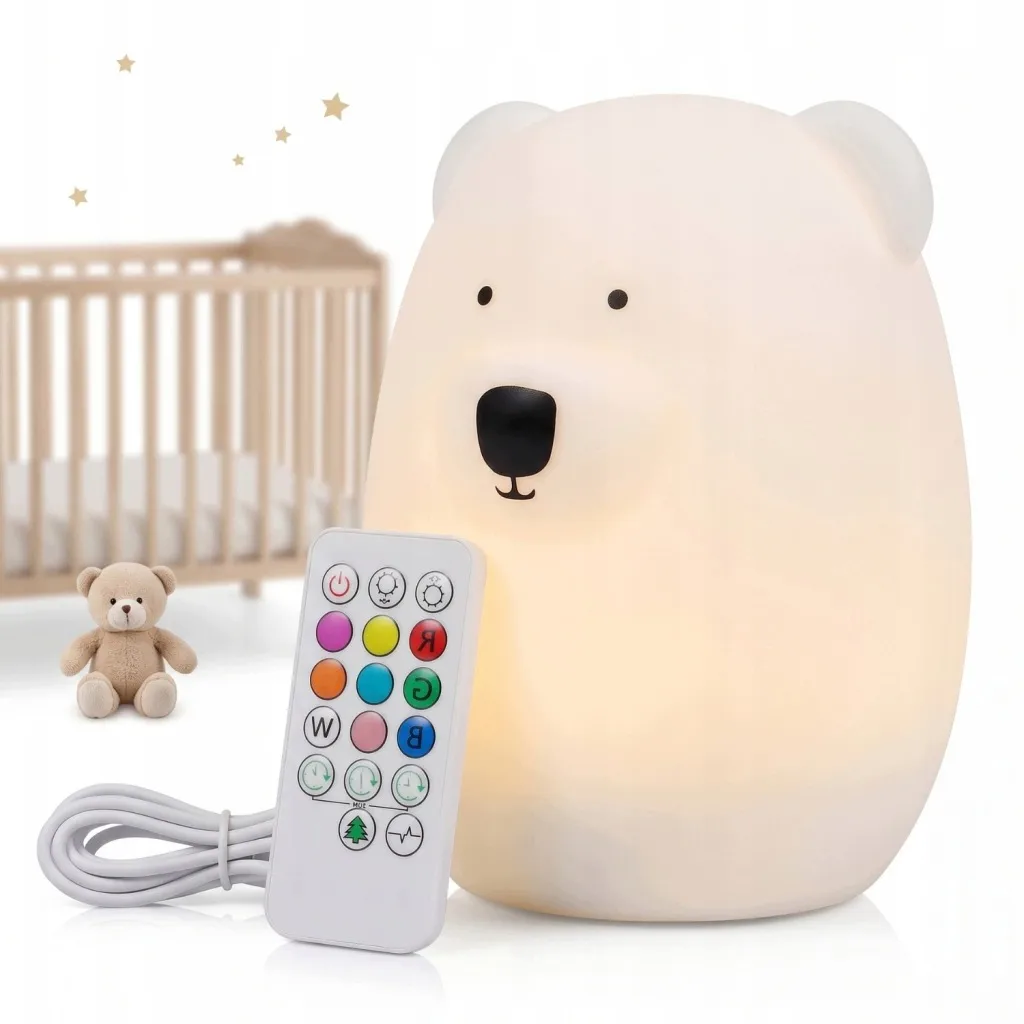 SILIKONOWA LAMPKA NOCNA DLA DZIECI MIŚ RGB LED USB PILOT 9 KOLORÓW