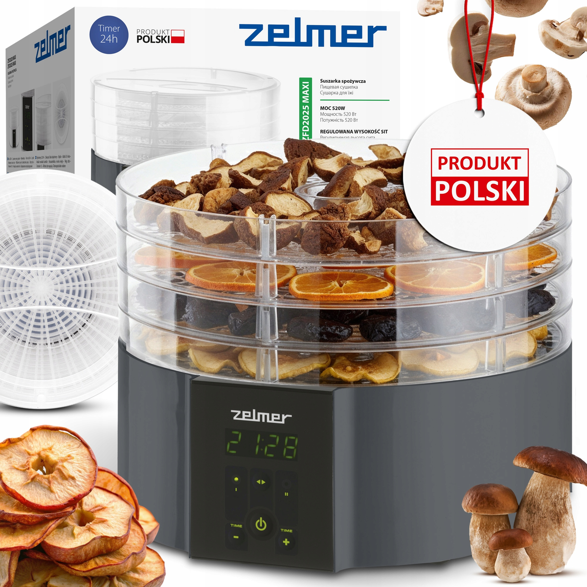 SUSZARKA SPOŻYWCZA ZELMER DO OWOCÓW WARZYW ZIÓŁ DUŻA 4 SITA 30CM 11L 520W