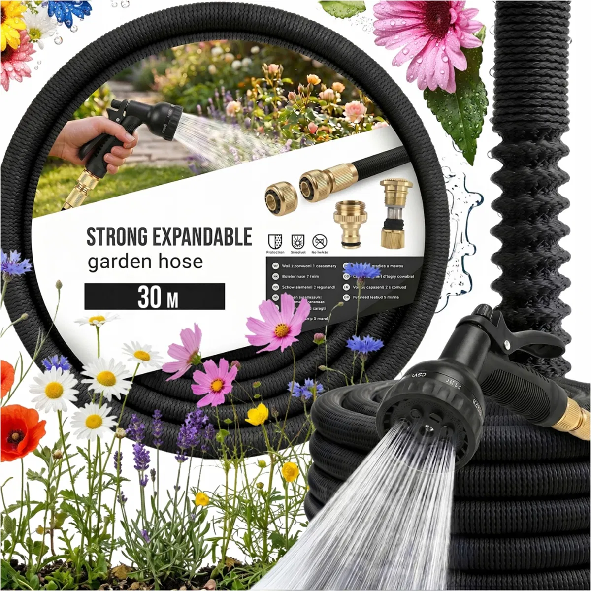 Manguera de jardín extensible, azul, de 7,5 m, elástica y flexible, con boquilla. Ideal para el hogar y el jardín. Diseño moderno, práctico, fiable, compacto y elegante. Solución sencilla y versátil