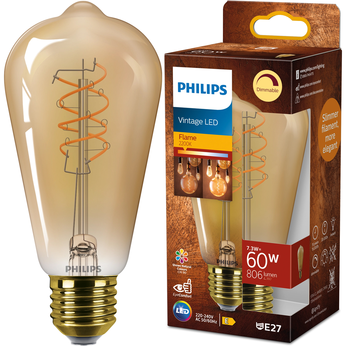 Żarówka Ozdobna Dekoracyjna LED E27 PHILIPS Edison ST64 7.3W = 60W 806lm 2200K Wyjątkowo Ciepła Barwa - Płomień, CRI90 - Naturalne kolory, Kąt 300°