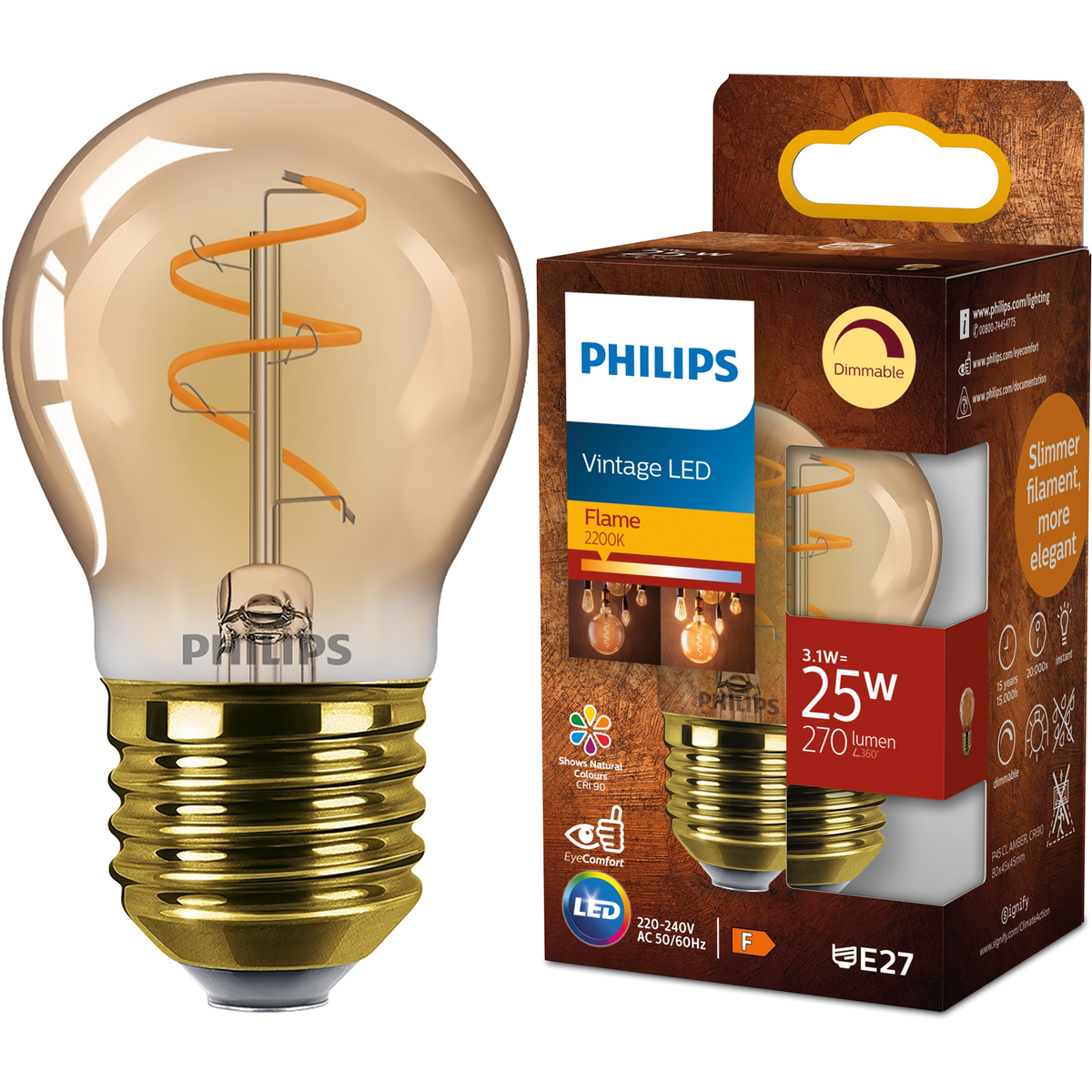 Żarówka Ozdobna Dekoracyjna LED E27 PHILIPS Kulka P45 3.1W = 25W 270lm 2200K Wyjątkowo Ciepła Barwa - Płomień, CRI90 - Naturalne kolory, Kąt 300°, F
