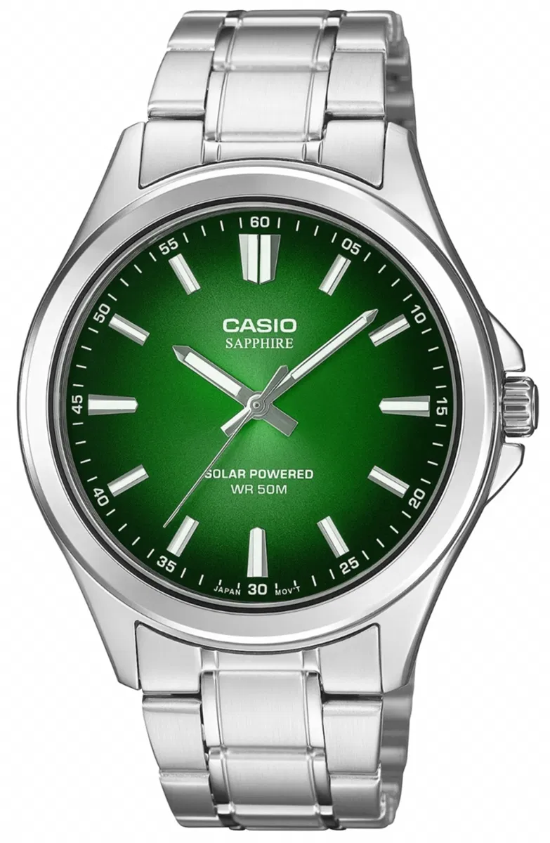 Zegarek Casio MTS-RS100D-3AVDF – solar, szafir z antyrefleksem, zielona tarcza | 390,04 zł