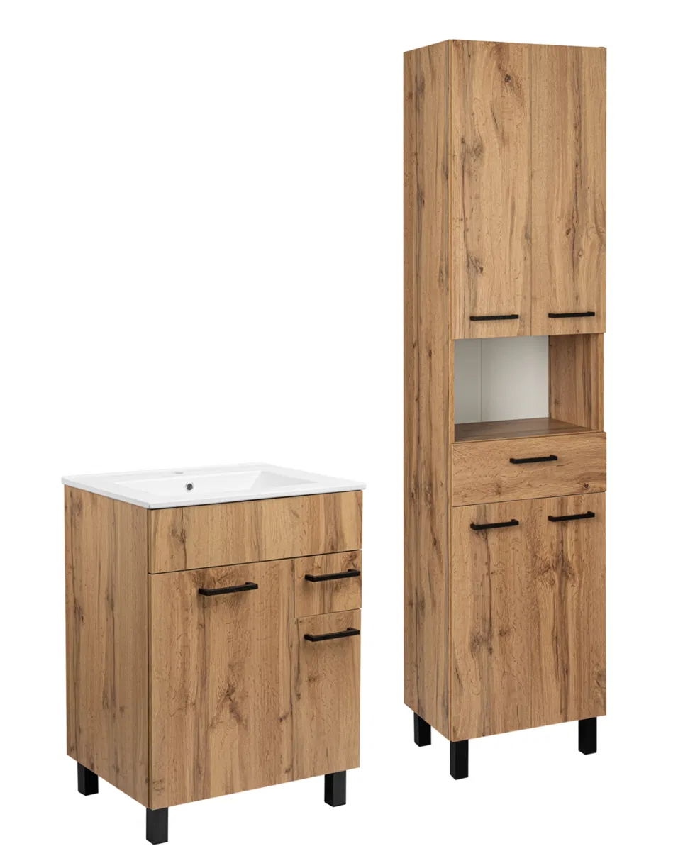 Astor Zestaw do Łazienki 60cm Szafka z Umywalką Słupek 50cm Dąb Wotan Laura