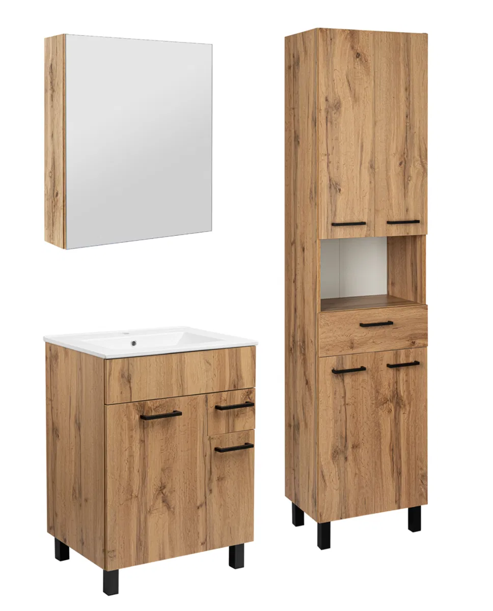 Astor Zestaw do Łazienki 60cm Szafka z Umywalką Słupek 50cm Szafka z Lustrem Dąb Wotan Laura