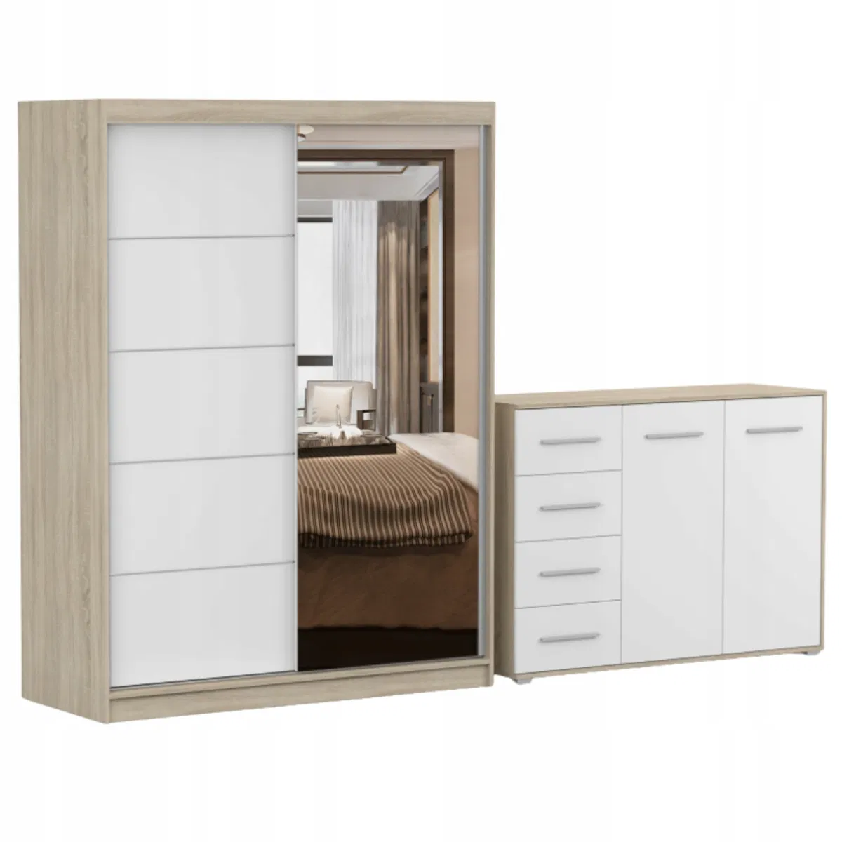 Idźczak Meble Zestaw VISTA 05 Szafa 150 Komoda FRIDA 01 135 półki